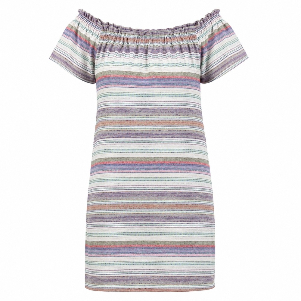 Philosophy Striped Dress L Cotton Jacquard Boho Coastal Ruffle Off The Shoulder
